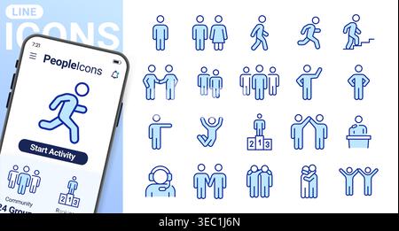 People line icons set. Person walking, running, happy man, company leader, friends hugs, team group, family minimal vector illustrations. Simple Stock Vector