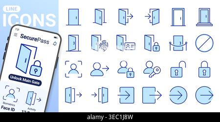 Open door line icon set. Login, logout, register, password, face recognition, key lock, exit minimal vector illustrations. Simple outline signs for Stock Vector