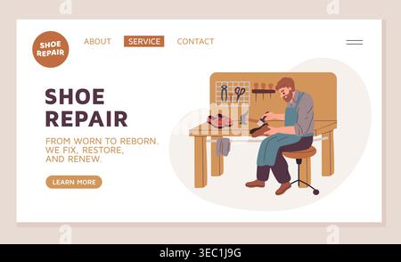 Shoe repair services landing page. Professional master glues sole to boot, handmade craft, online app interface, virtual order, web banner design Stock Vector