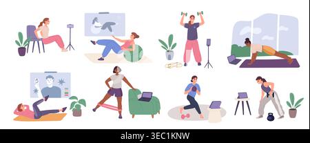 Online fitness instructor. Women exercise at home using video tutorials, girls do sports exercises with app and programs, yoga and stretching routines Stock Vector