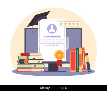 Online education. Distance learning, certification courses, getting virtual diploma, modern training, student profile, knowledge achievement, course Stock Vector