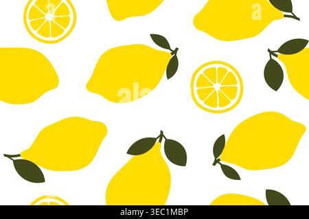 seamless summer pattern with lemon fruits, fresh citrus repeat background, bright yellow lemons and leaves- vector illustration Stock Vector