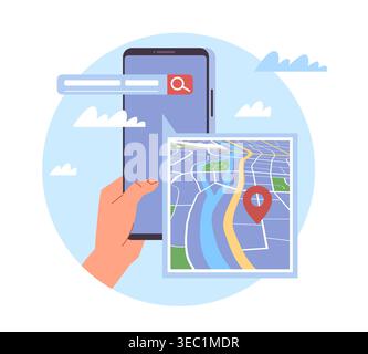 Location tracking. Route planning application, gps map navigation, city streets scheme, smartphone with city map pin, online search, destination Stock Vector