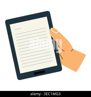 hand holding e-book electronic reader device, digital reading concept - vector illustration Stock Vector