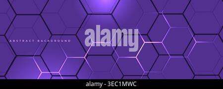 Purple wide hexagonal vector abstract background. Violet tech banner with honeycomb grid. Hexagon technology backdrop. Stock Vector