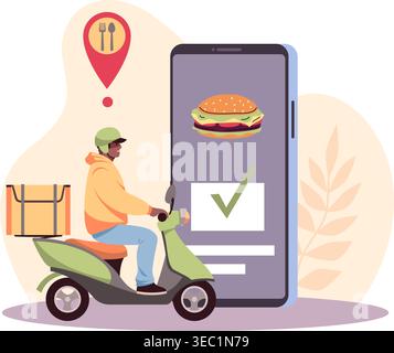 Food delivery service. Online food ordering, payment via smartphone app, express guy on scooter, restaurant or cafe location marker map pin, burger on Stock Vector