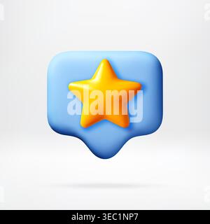 3D Yellow star icon inside a blue speech bubble. Favorite notification symbol. Social media user interface element for feedback, rating and bookmarkin Stock Vector
