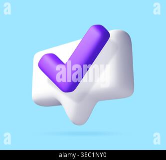 3D purple check mark inside white speech bubble Stock Vector