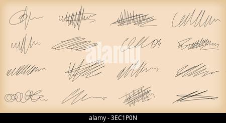 Line pen brush color handwriting stroke underline vector set. Hand drawn doodle sketch, stroke, scribble underline. Black wiggly marker sketch swirl. Stock Vector