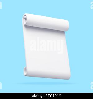 3d scroll paper icon. Blank white parchment document on blue background. Empty for message, announcement note, text template or banner. Minimal studio Stock Vector
