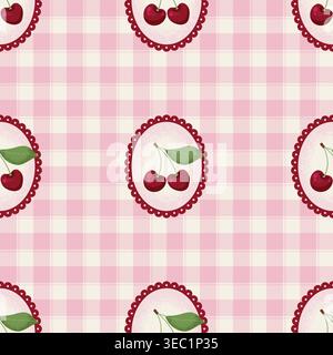 Romantic Coquette Seamless Pattern with Cherry on a checkered background. Cute Vector illustration. Stock Vector