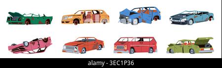Car metal scrap. Old, rust and broken automobiles without wheels, abandoned, crashed dirty vehicles in accident, transport dump elements, nowaday Stock Vector