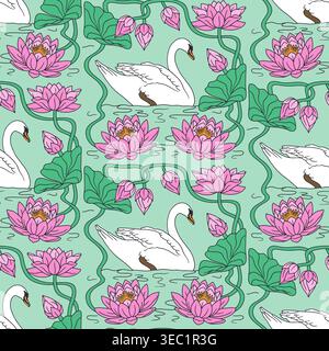 Vintage seamless pattern with art deco style hand drawn white swan and pink water lily flowers Stock Vector