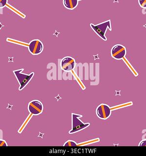 Seamless Halloween pattern featuring lollipop candy and witch hats on purple background, flat vector illustration, perfect for textile, wrapping paper Stock Vector