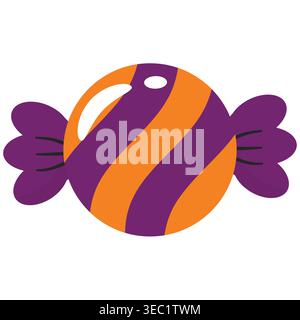 Glossy round candy with purple and orange stripes, Halloween theme flat vector isolated on background, suitable for festive decoration and design Stock Vector