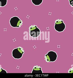 Spooky Halloween seamless pattern with cartoon witch cauldrons and bubbling green potion on purple background. Perfect for festive gift wrap, fabric, Stock Vector