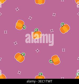 Seamless Halloween pattern featuring cute pumpkins and small stars on purple background, flat vector illustration ideal for textile, wrapping paper, w Stock Vector
