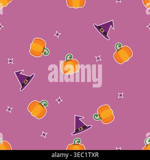 Seamless Halloween pattern featuring cute pumpkins and witch hats on purple background, flat vector illustration perfect for textile, wrapping paper, Stock Vector