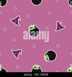 Spooky Halloween pattern featuring cute witch hats and bubbling cauldrons with green potion. Ideal for festive wallpaper, scrapbooking, fabric prints, Stock Vector