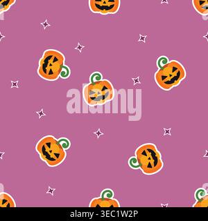 Cute seamless pattern featuring Halloween pumpkins and stars on a purple background. Perfect for festive gift wrapping, fabric prints, scrapbooking, a Stock Vector