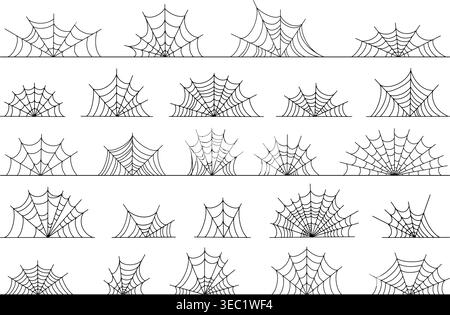 Cobweb dividers. Black spider web, halloween doodle horrible elements. Spooky webs design for banners, placards, posters, cards, neoteric vector set Stock Vector