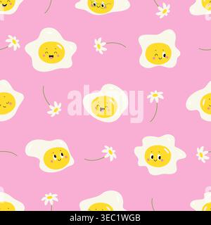 Fried eggs seamless pattern. Funny egg and chamomile flowers. Positive spring summer print for wallpaper design, fabric, children textile, nowaday Stock Vector