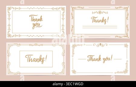 Thank you cards design. Thanks card with doodle frames, flourish ornament and lettering text. Printing tags, banners for presents, gifts, neoteric Stock Vector