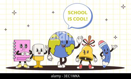 Back to school banner. Groovy stationery characters, funny pencil, notebook and eraser. Cute globe and bell. Educational poster template on lined Stock Vector