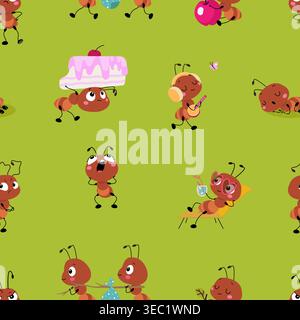 Cartoon ants seamless pattern. Funny ant different poses, sleeping, working, relaxing with cocktail. Colorful print for fabric, wallpaper, vector Stock Vector
