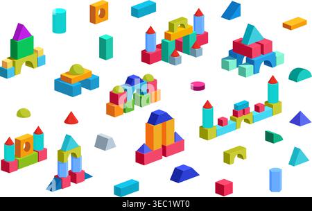 Cubes castles. Children geometric toys for building different houses and towers. Plastic wooden 3d cartoon elements for kids development play, sapid Stock Vector