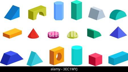 Cartoon children building blocks. Plastic or wooden block for kids play, tower, castle, homes building. Simple geometric shapes, toys sapid vector set Stock Vector