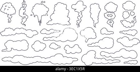 Outline clouds collection. Different fluffy shapes, sky, weather elements. Smoke and explosion. Comic bubbles shapes frames, vector clipart Stock Vector