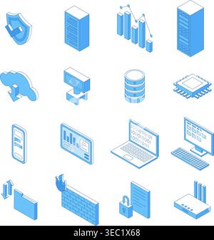 Isometric line data center elements. Cloud technologies, it science 3d icons. Modern computing systems, servers, smartphone and computers, nifty Stock Vector