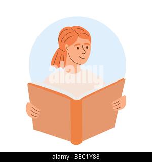 Flat vector illustration of a woman reading a book, symbolizing education, learning, and leisure activity. Stock Vector