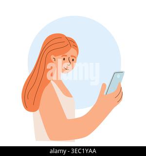 Simple flat vector of a woman looking at her smartphone, representing communication and social media use. Stock Vector