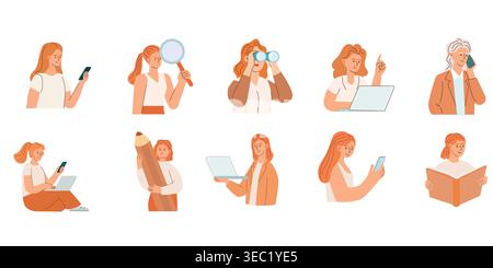 Collection of flat vector female characters in various poses and actions, useful for design and storytelling. Stock Vector