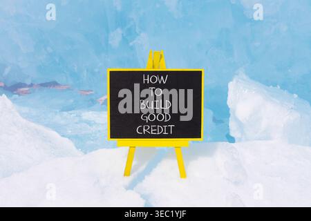 How to build good credit symbol. Concept words How to build good credit on beautiful black blackboard. Beautiful blue ice background. Business how to Stock Photo