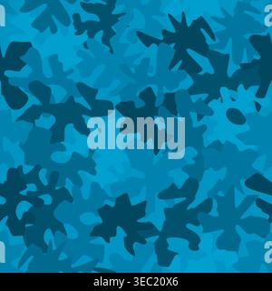 Denim blue camouflage seamless pattern. Classic camouflage stains with denim fabric texture. For clothing design. Stock Vector