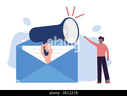 Flat vector illustration of email marketing with a megaphone emerging from an envelope, symbolizing promotion, communication, announcements, and digit Stock Vector