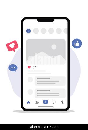 Flat vector illustration of a social media mobile app interface showing feed, likes, comments, and user interaction, ideal for UI/UX, digital communic Stock Vector