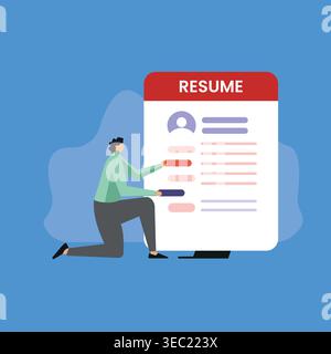 Flat vector illustration of a person creating a resume, highlighting skills and experience for job applications, career growth, and professional devel Stock Vector