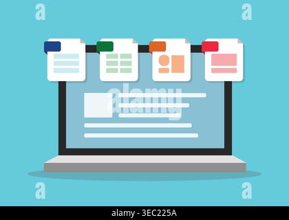 Flat vector illustration of a content management system with digital documents, workflow organization, and file management, ideal for web platforms an Stock Vector