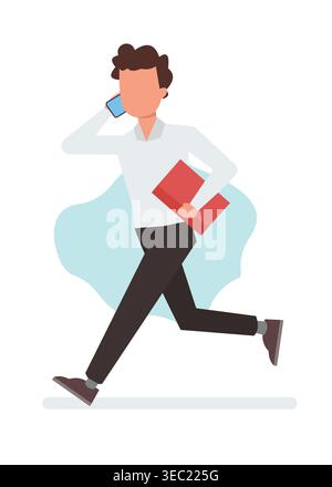 Flat vector illustration of a man walking while talking on the phone and holding documents, representing multitasking, busy work life, and productivit Stock Vector