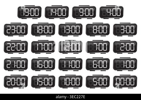Digital clock showing every hour of day vector. Perfect for creating timers schedules and time management graphics. EPS 10. Stock Vector