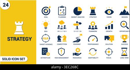 Strategy Icon Set. Business Planning, Goal, Vision, Growth, Marketing and Management Solid Vector Icons Collection Stock Vector