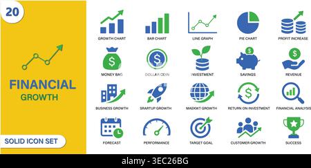 Financial Growth Icon Set. Business Profit, Investment, Revenue, Analytics and Finance Solid Vector Icons Collection Stock Vector