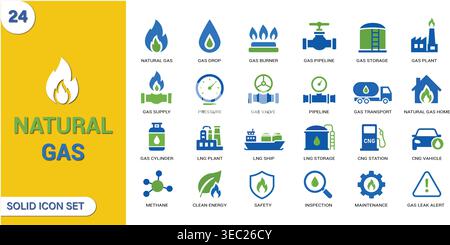 Natural Gas Icon Set. LNG, CNG, Pipeline, Energy, Fuel, Storage and Industrial Gas Solid Vector Icons Collection Stock Vector