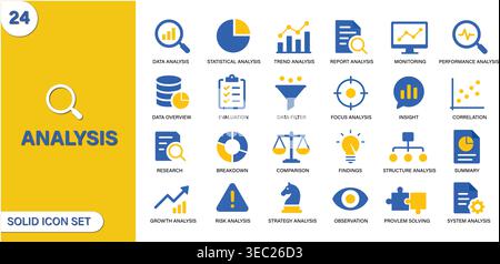 Analysis Icon Set. Data Analytics, Statistics, Research, Business Insights and Performance Solid Vector Icons Collection Stock Vector