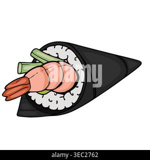 Hand-drawn vector illustration of a temaki sushi roll with shrimp and green onion Stock Vector