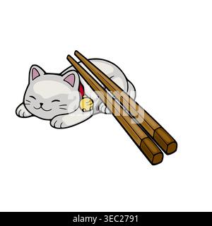 Cute Maneki Neko Cat Illustration with Chopsticks Vector Stock Vector